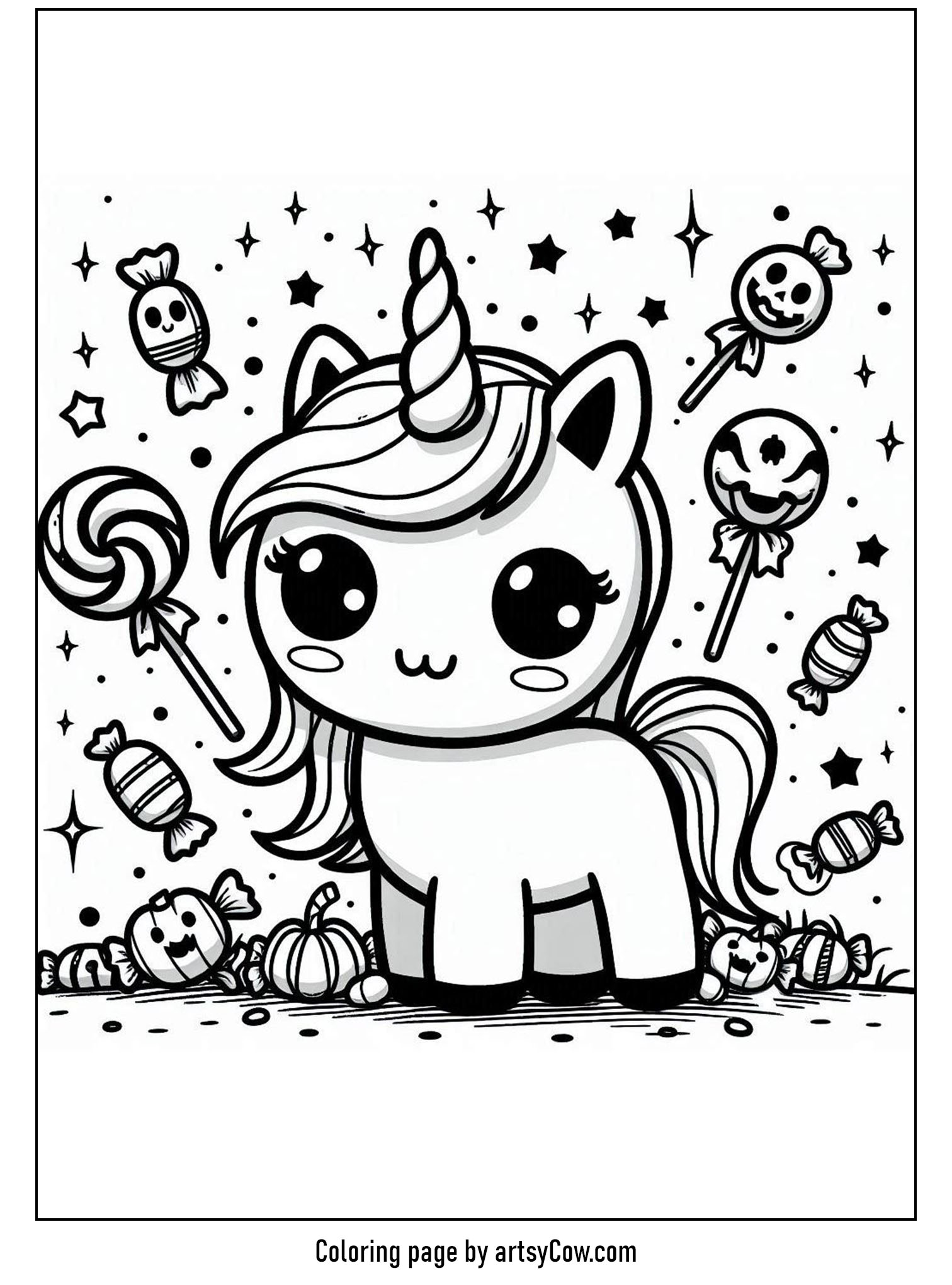 Halloween coloring pages with unicorn 2 featuring a cute unicorn surrounded by floating candies and pumpkins in a whimsical rainstorm.